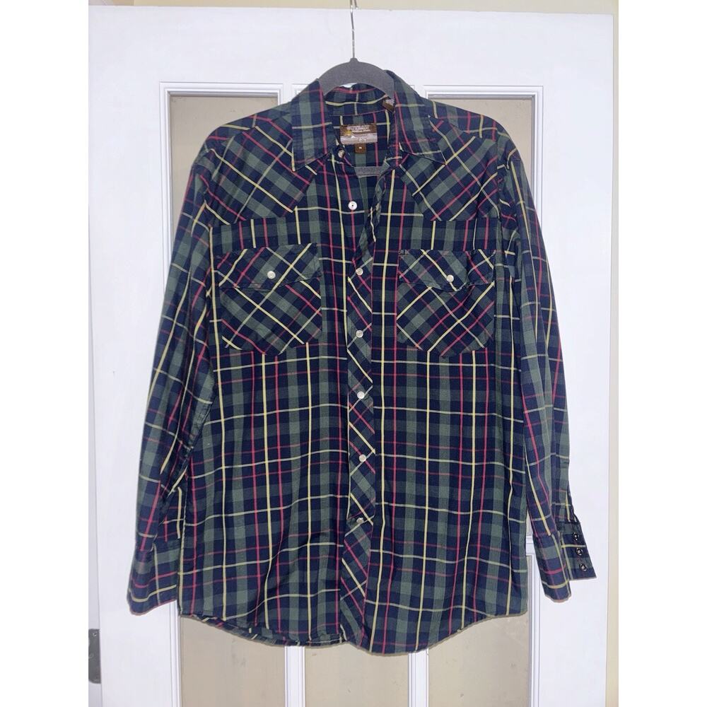 Outlaw Western Wear blue green pearl snap long sleeve shirt collared men medium